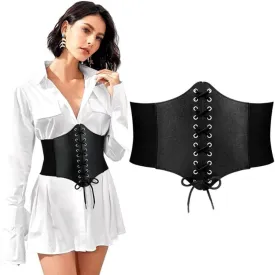 1PCS Women Corset Belt Elastic Lace-up Waist Belt Tied Waspie Waist Belt Dress Girdle for Halloween Costume Daily Wear (Black)