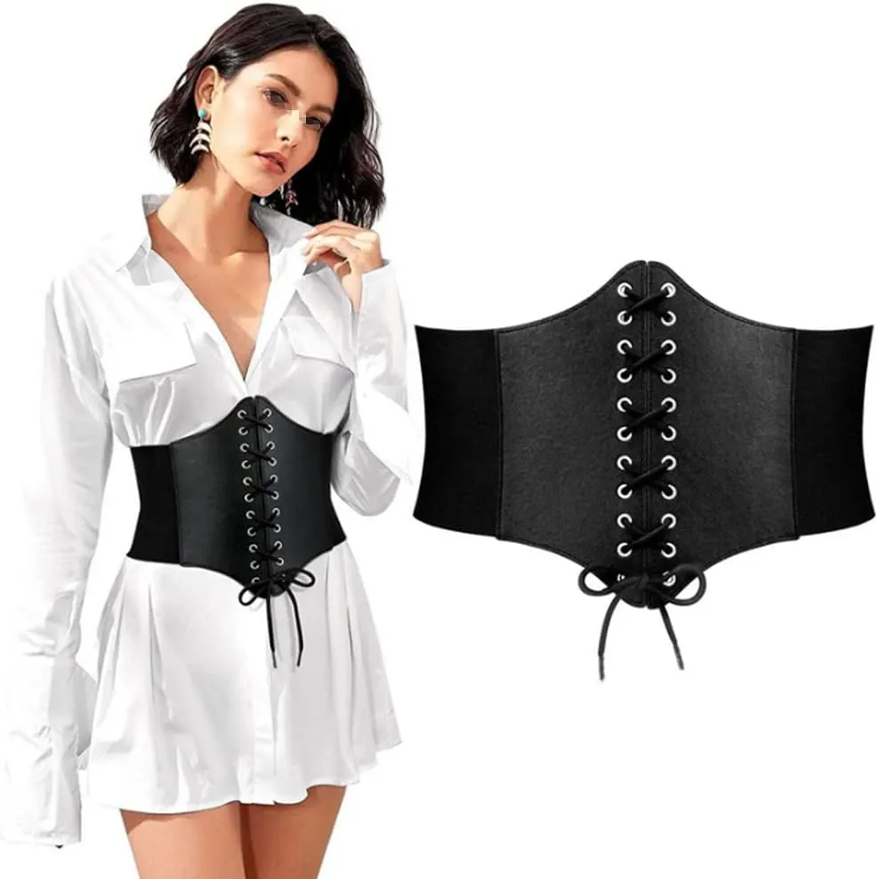 1PCS Women Corset Belt Elastic Lace-up Waist Belt Tied Waspie Waist Belt Dress Girdle for Halloween Costume Daily Wear (Black)