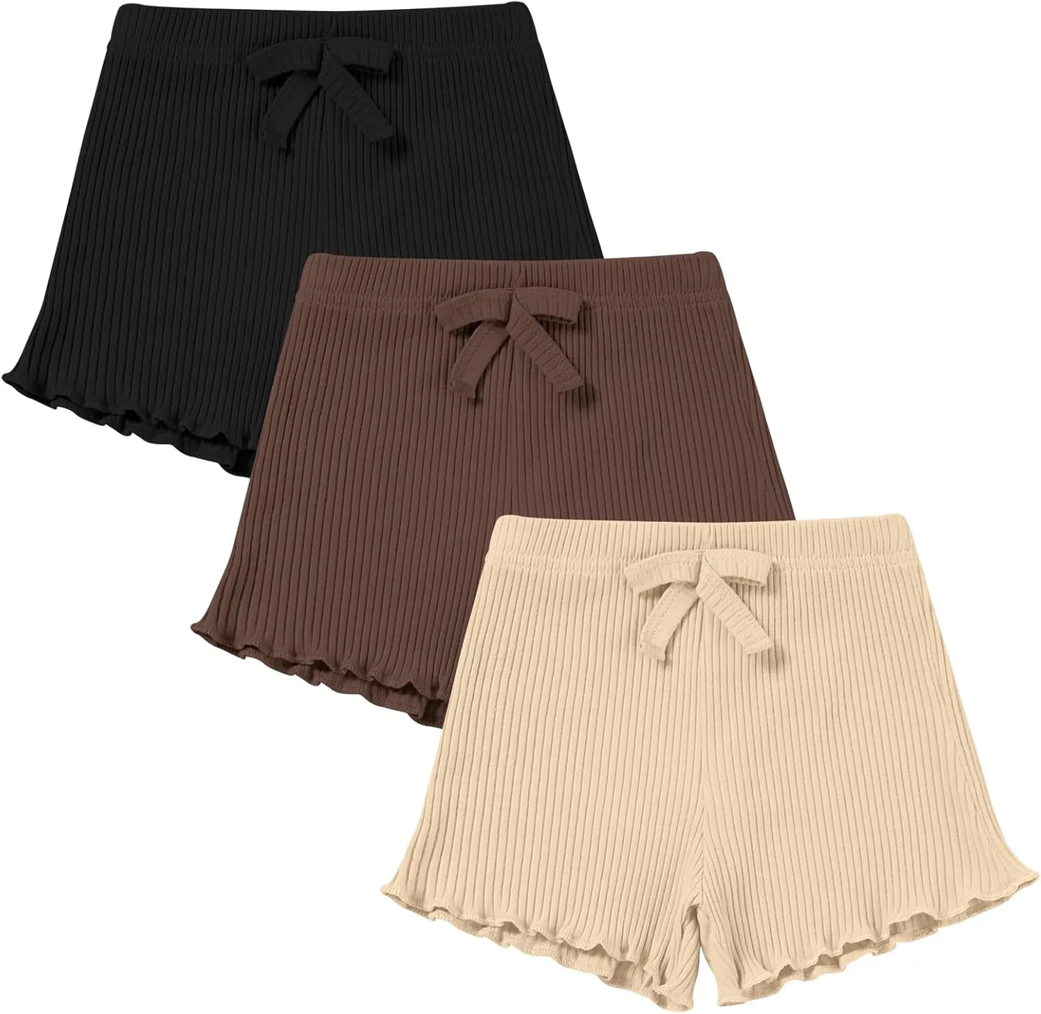 3 Pack Baby Toddler Girl Shorts Ribbed Infant Girls Solid Color Soft Elastic Bow Waist Ruffle Summer Casual Shorts