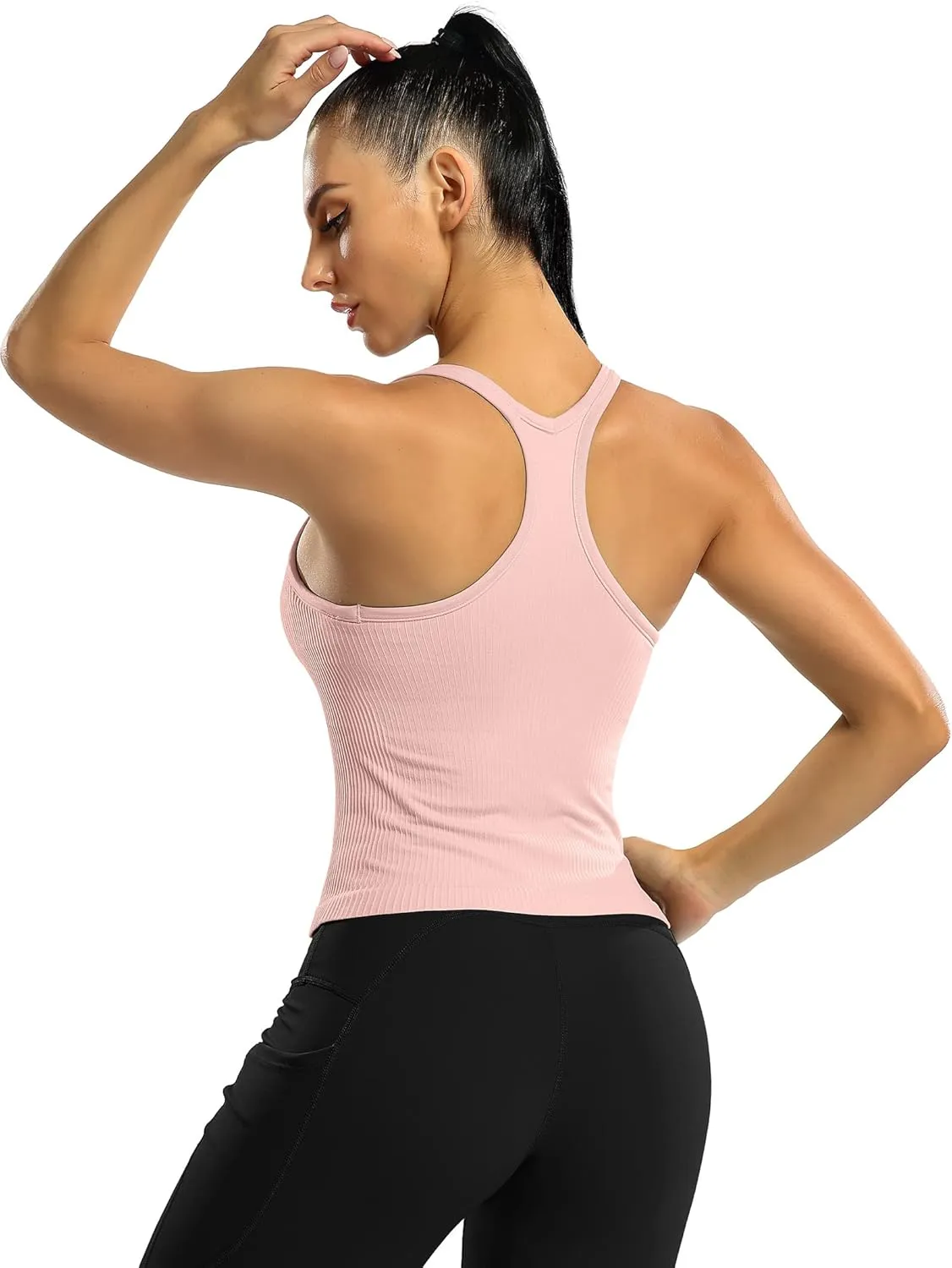 ATTRACO Women Ribbed Workout Crop Tops with Built in Bra Yoga Racerback Tank Top Tight Fit