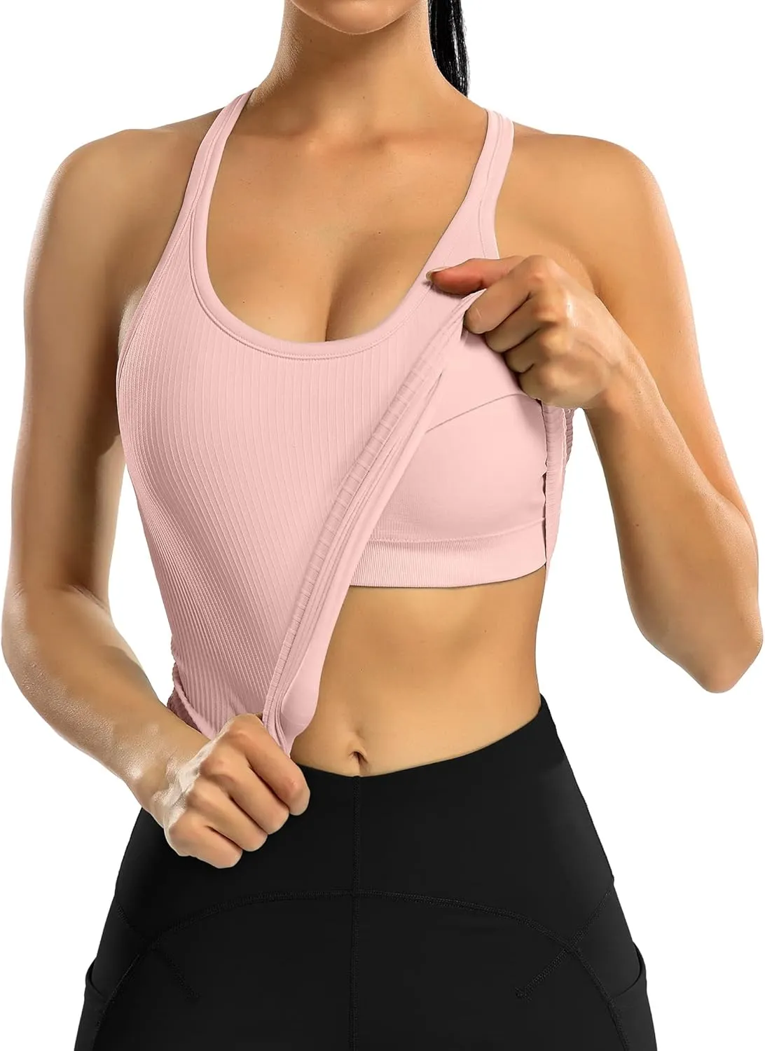 ATTRACO Women Ribbed Workout Crop Tops with Built in Bra Yoga Racerback Tank Top Tight Fit