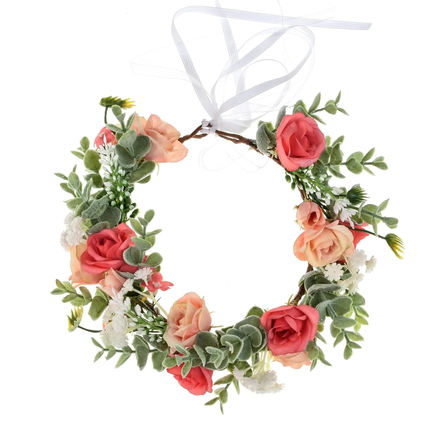 Baby Girls Flower Crown Flower Girl Headpiece boho Little Wreaths for Weddings, Family photography (Green Leaf and Rose)