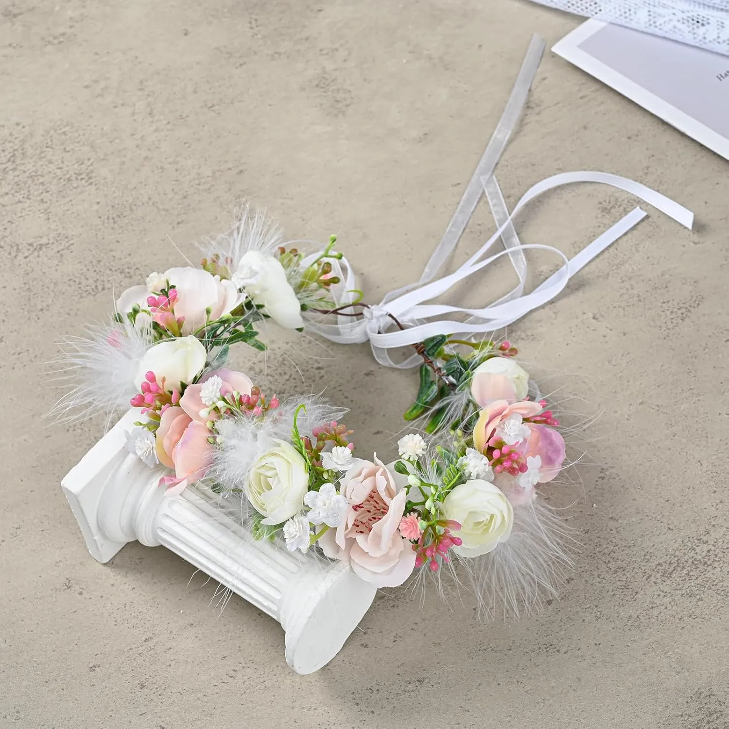 Baby Girls Flower Crown Flower Girl Headpiece boho Little Wreaths for Weddings, Family photography (Pink White)