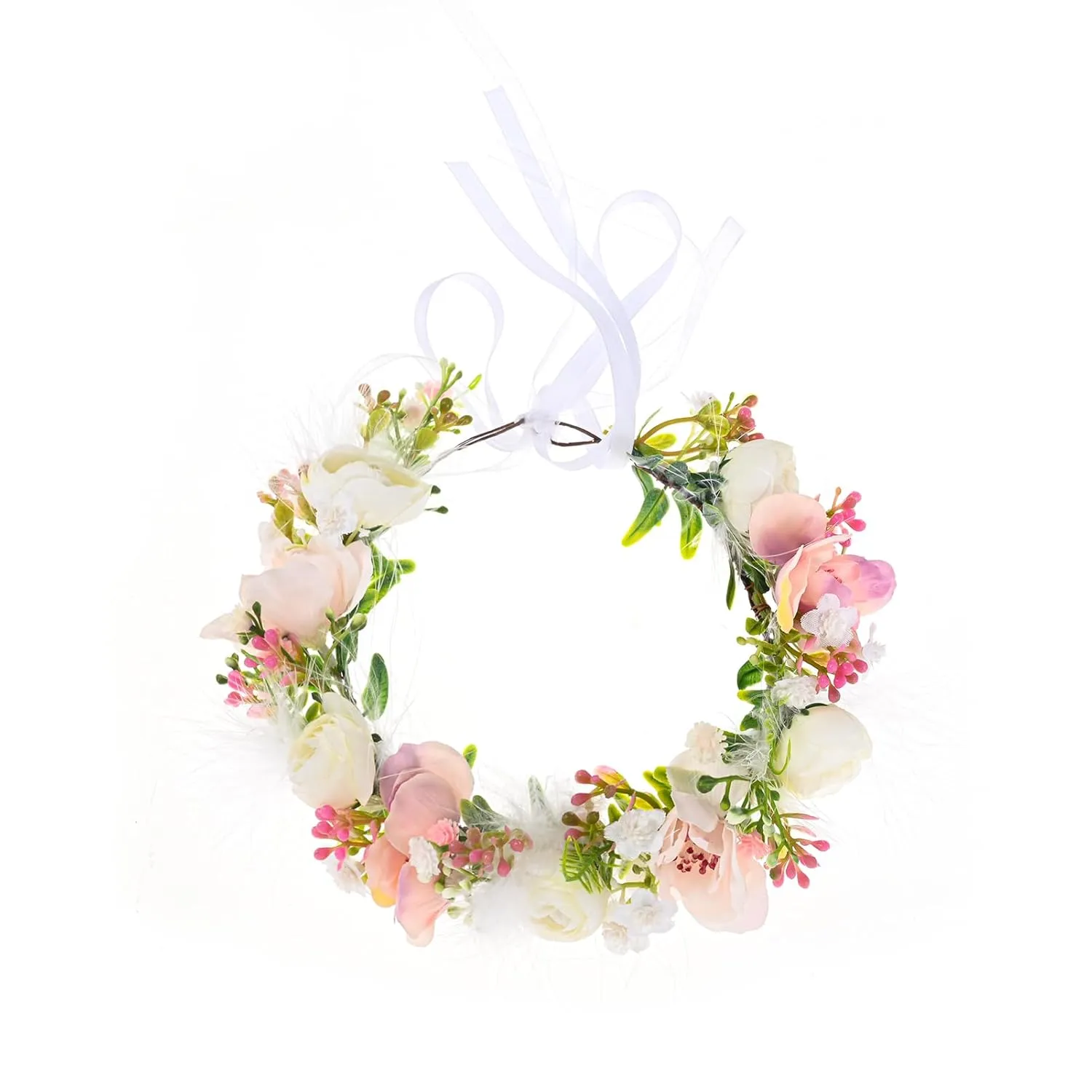 Baby Girls Flower Crown Flower Girl Headpiece boho Little Wreaths for Weddings, Family photography (Pink White)