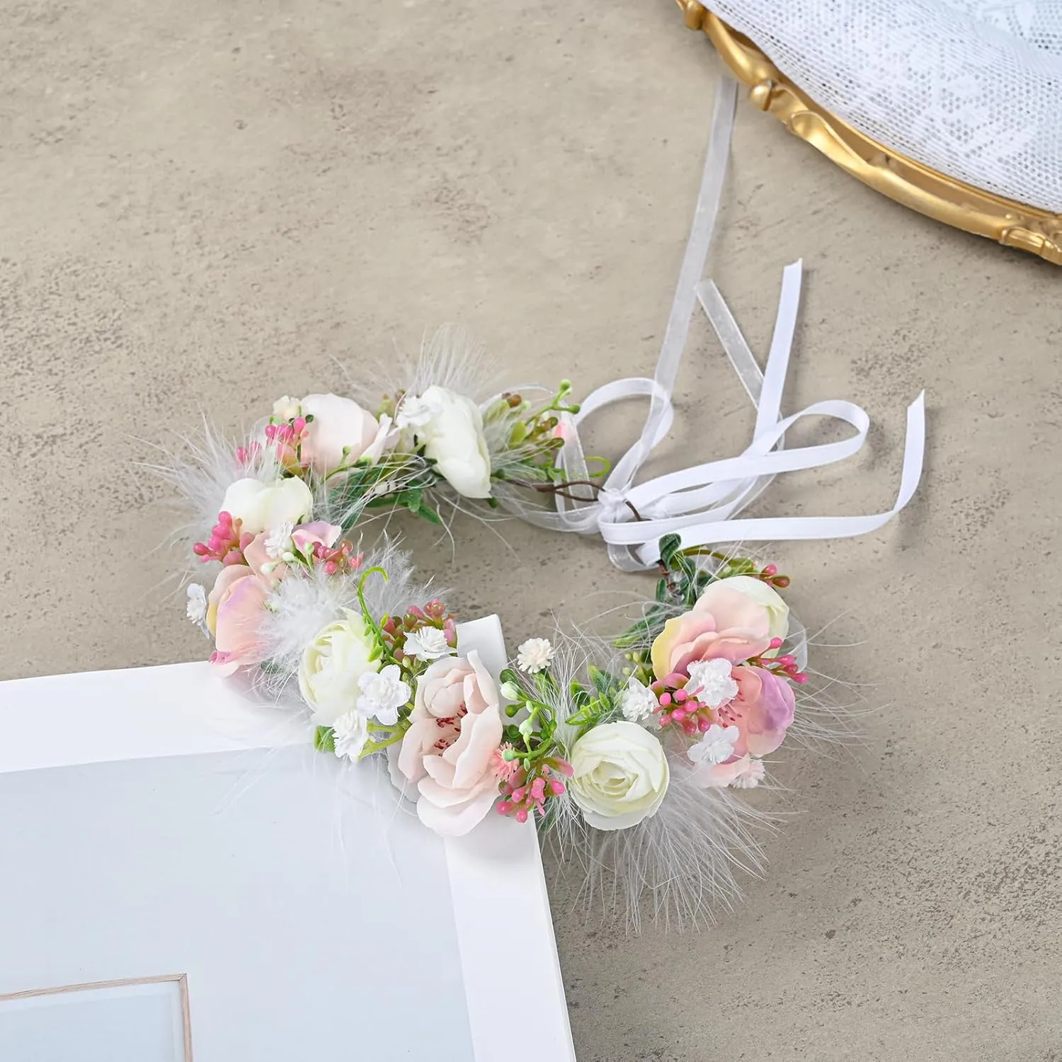 Baby Girls Flower Crown Flower Girl Headpiece boho Little Wreaths for Weddings, Family photography (Pink White)