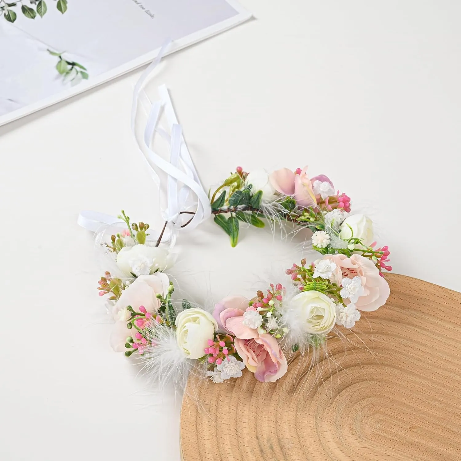 Baby Girls Flower Crown Flower Girl Headpiece boho Little Wreaths for Weddings, Family photography (Pink White)