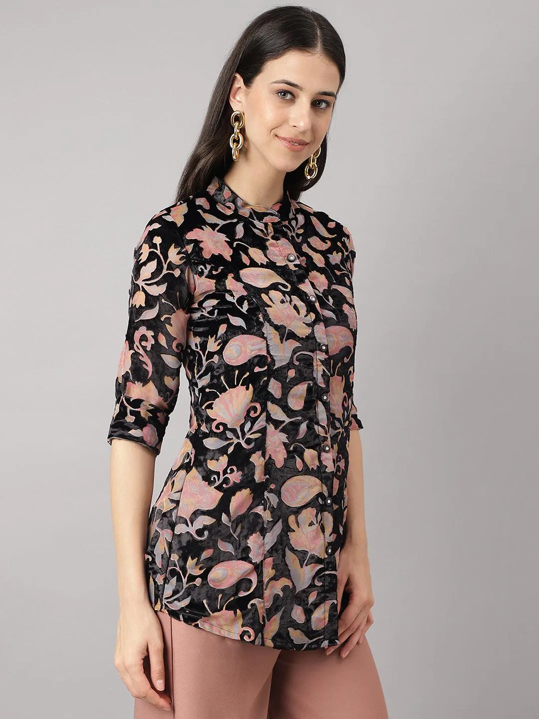 Black Floral Burn Out Velvet A-Line Shirts Style Top