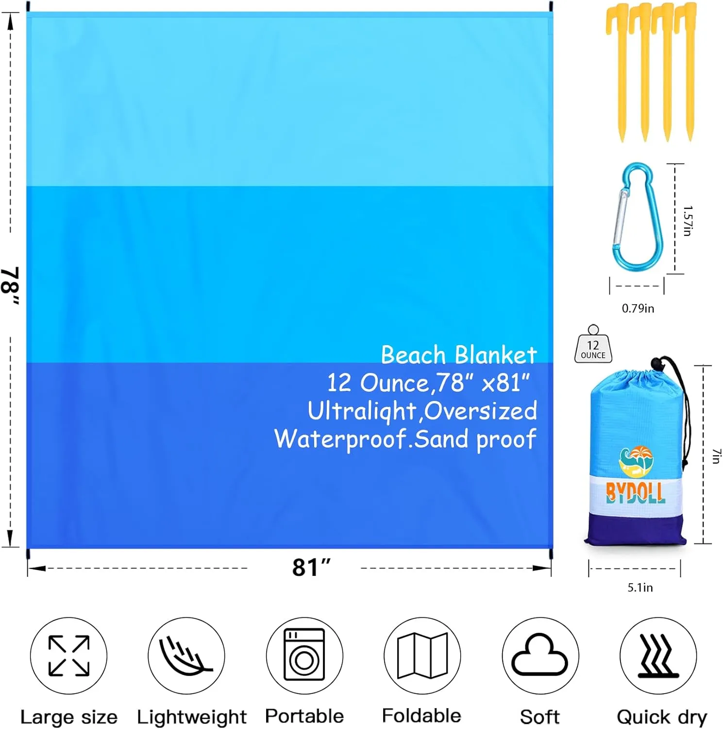 BYDOLL Beach Blanket Waterproof Sandproof 78''81'' 1-7 Adults Oversized Lightweight Large Picnic Mat Waterproof Sandproof Blanket for Beach