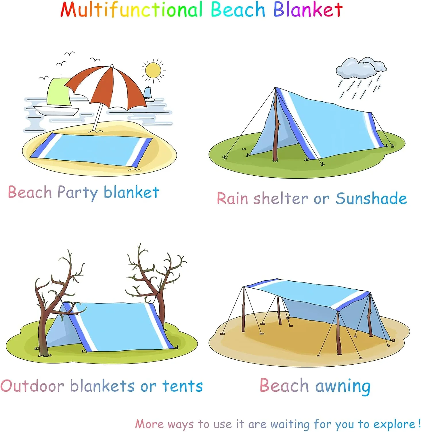 BYDOLL Beach Blanket Waterproof Sandproof 78''81'' 1-7 Adults Oversized Lightweight Large Picnic Mat Waterproof Sandproof Blanket for Beach