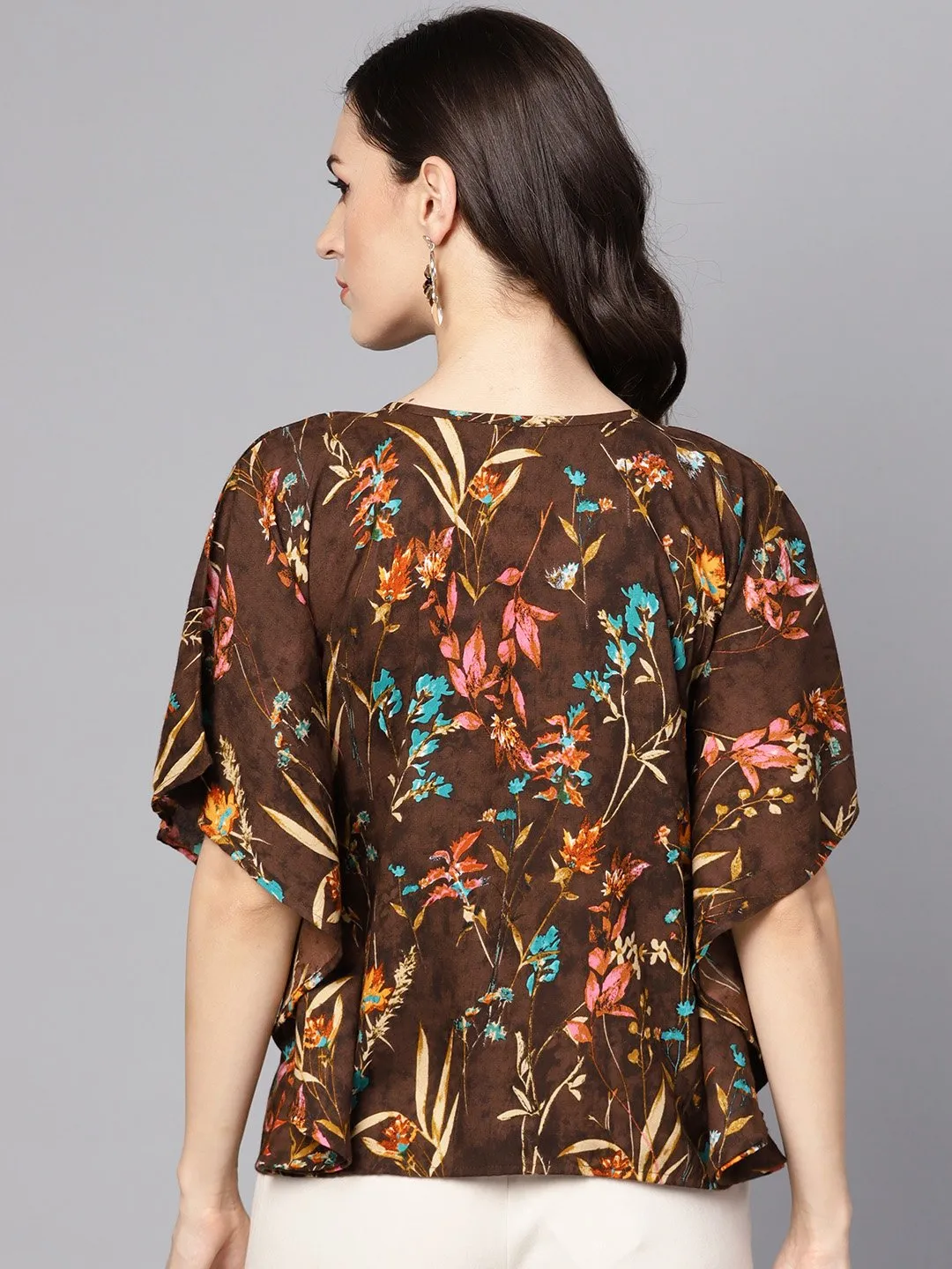 Chocolate Brown Multi Colored  Kaftaan Top With Pleated Yoke