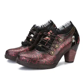 CrazycatZ Leather Pumps,Women  Vintage Block Heel Oxford Vintage Shoes Colorful Lace Trim Chunky Heels Pumps Red