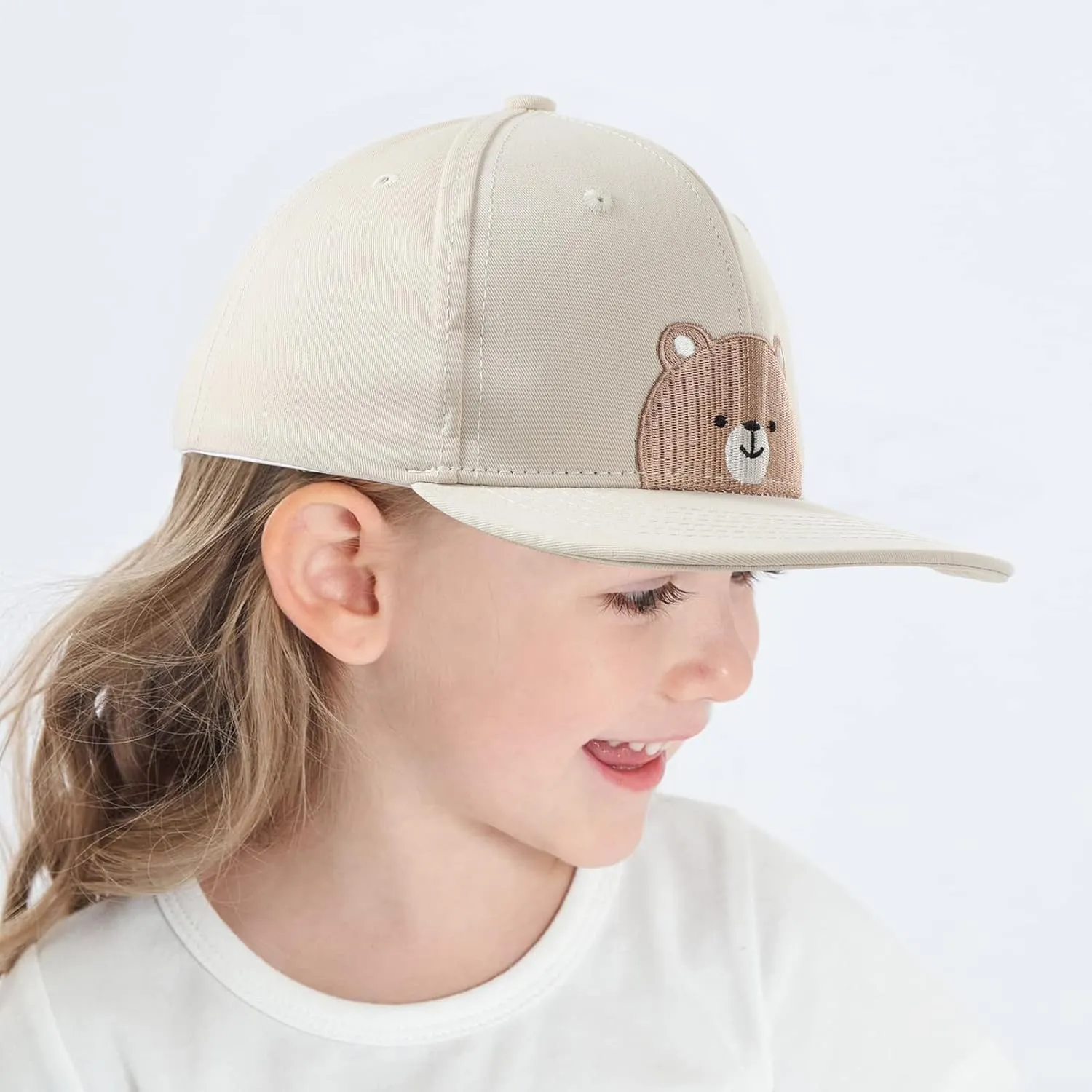 Flat Bill Baseball Caps for Boys Girls Cute Bear Hats Funny Embroidered Cotton Snapback Hats Age 3-8