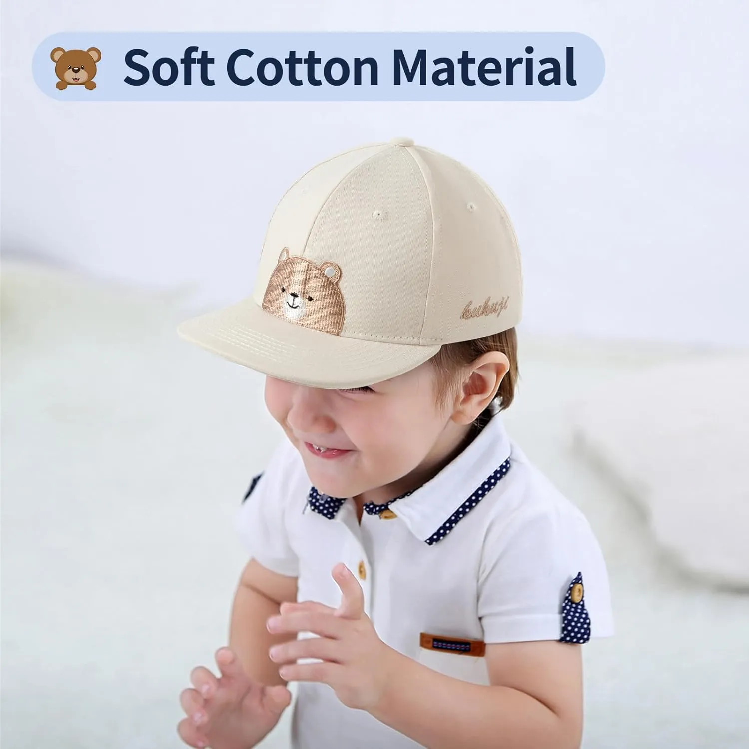 Flat Bill Baseball Caps for Boys Girls Cute Bear Hats Funny Embroidered Cotton Snapback Hats Age 3-8