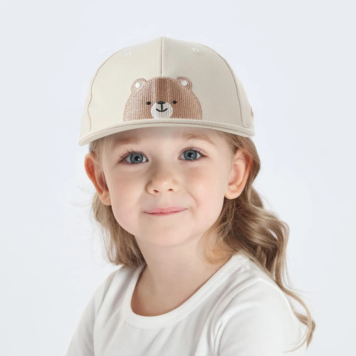 Flat Bill Baseball Caps for Boys Girls Cute Bear Hats Funny Embroidered Cotton Snapback Hats Age 3-8