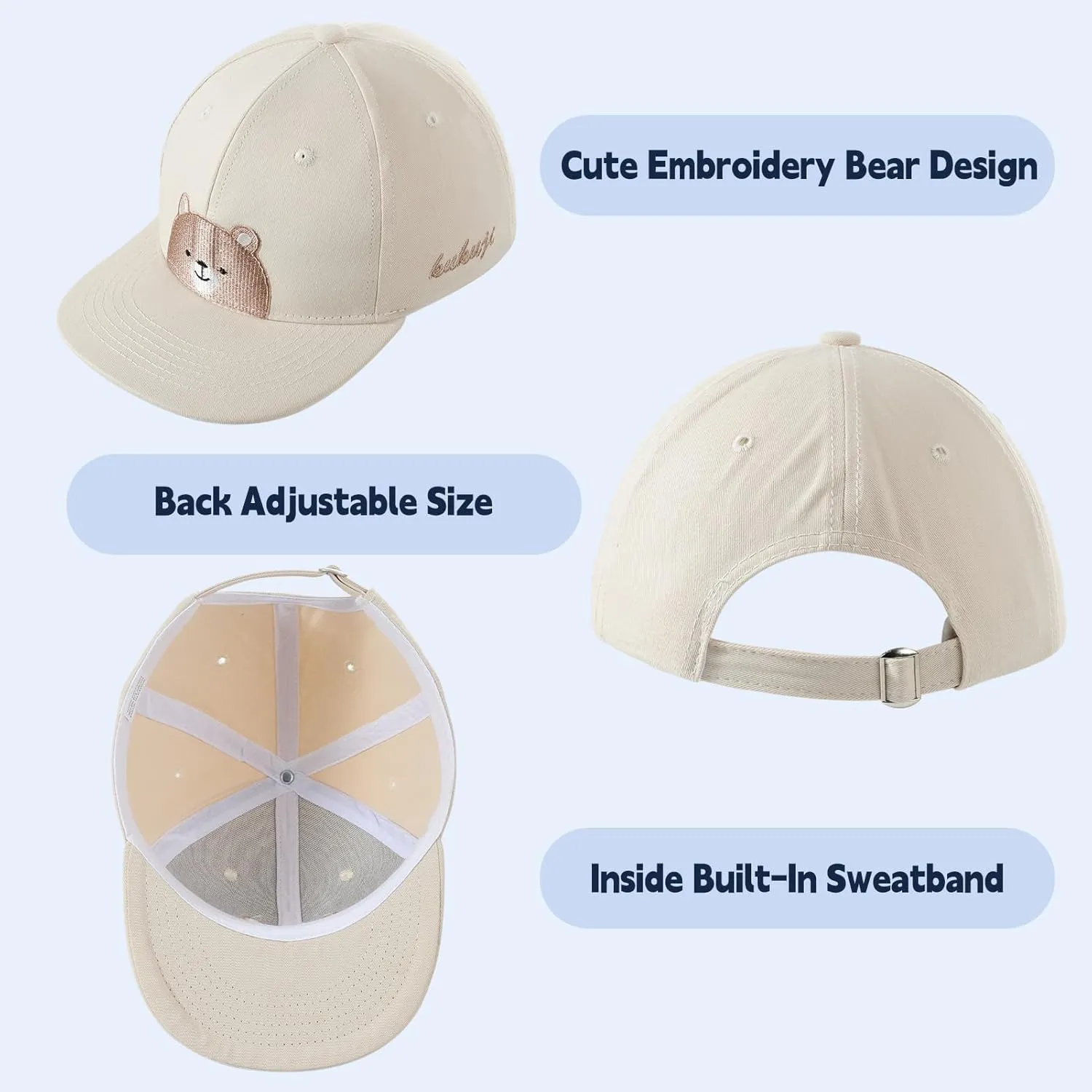 Flat Bill Baseball Caps for Boys Girls Cute Bear Hats Funny Embroidered Cotton Snapback Hats Age 3-8