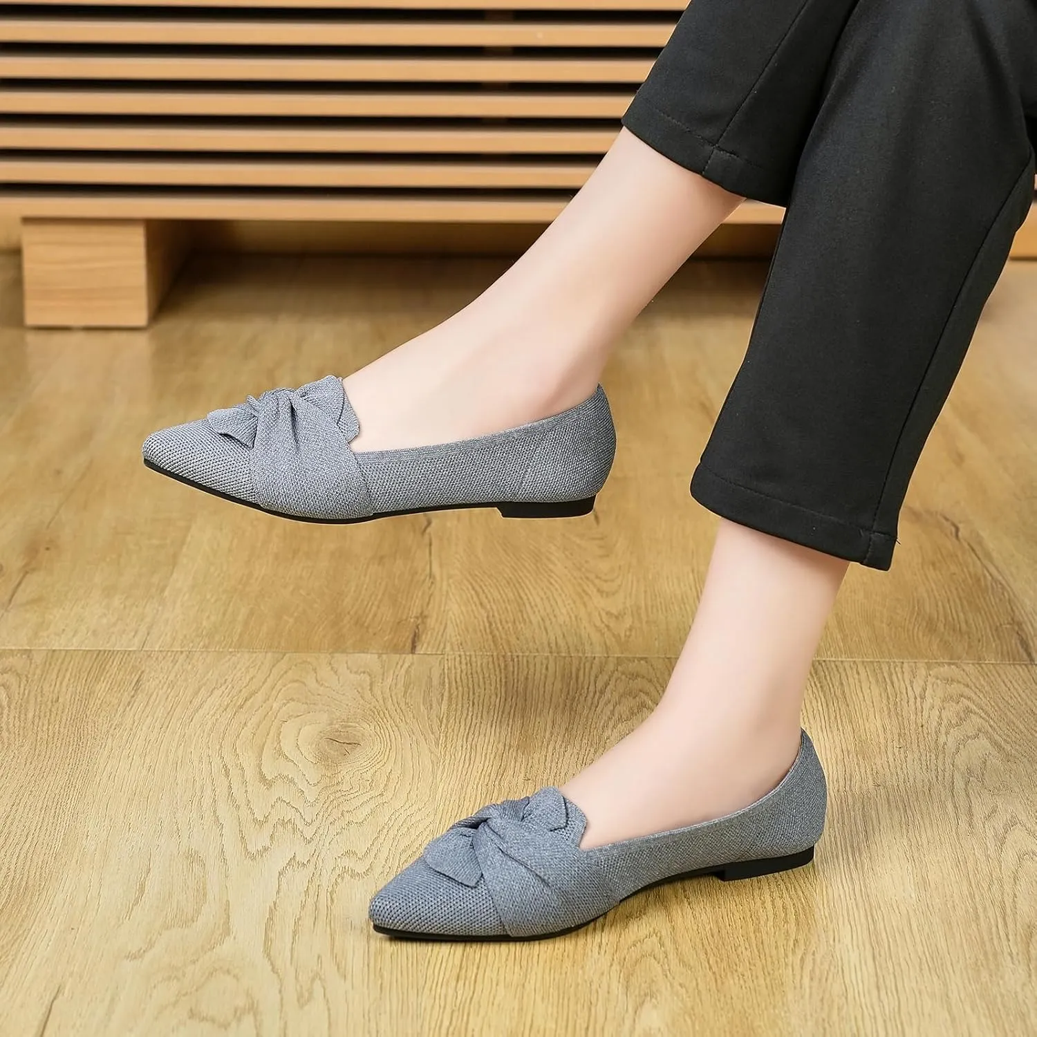 Flats for Womens Pointed Toe Ballet Flats with Bow Comfortable Knit Dressy Flats