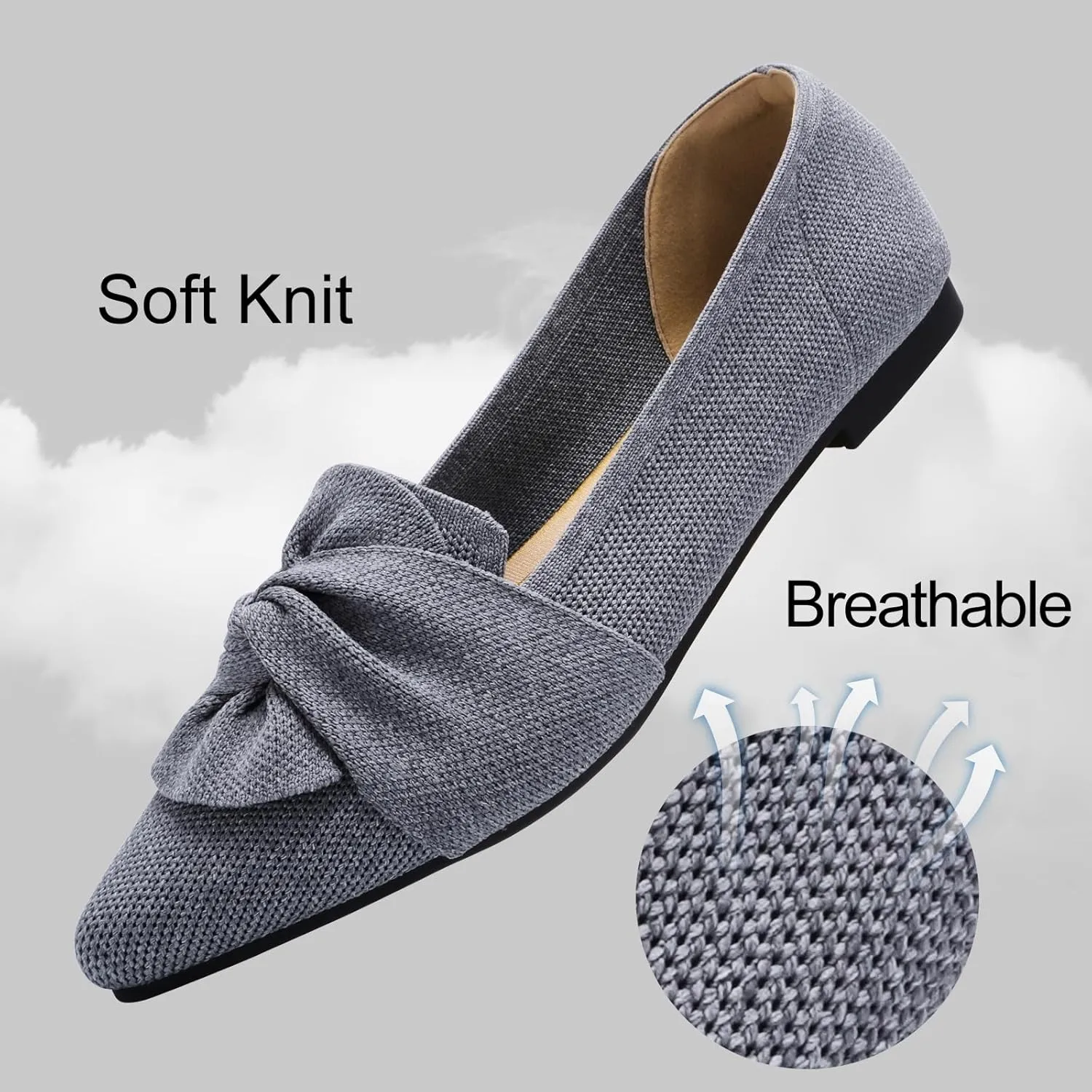 Flats for Womens Pointed Toe Ballet Flats with Bow Comfortable Knit Dressy Flats