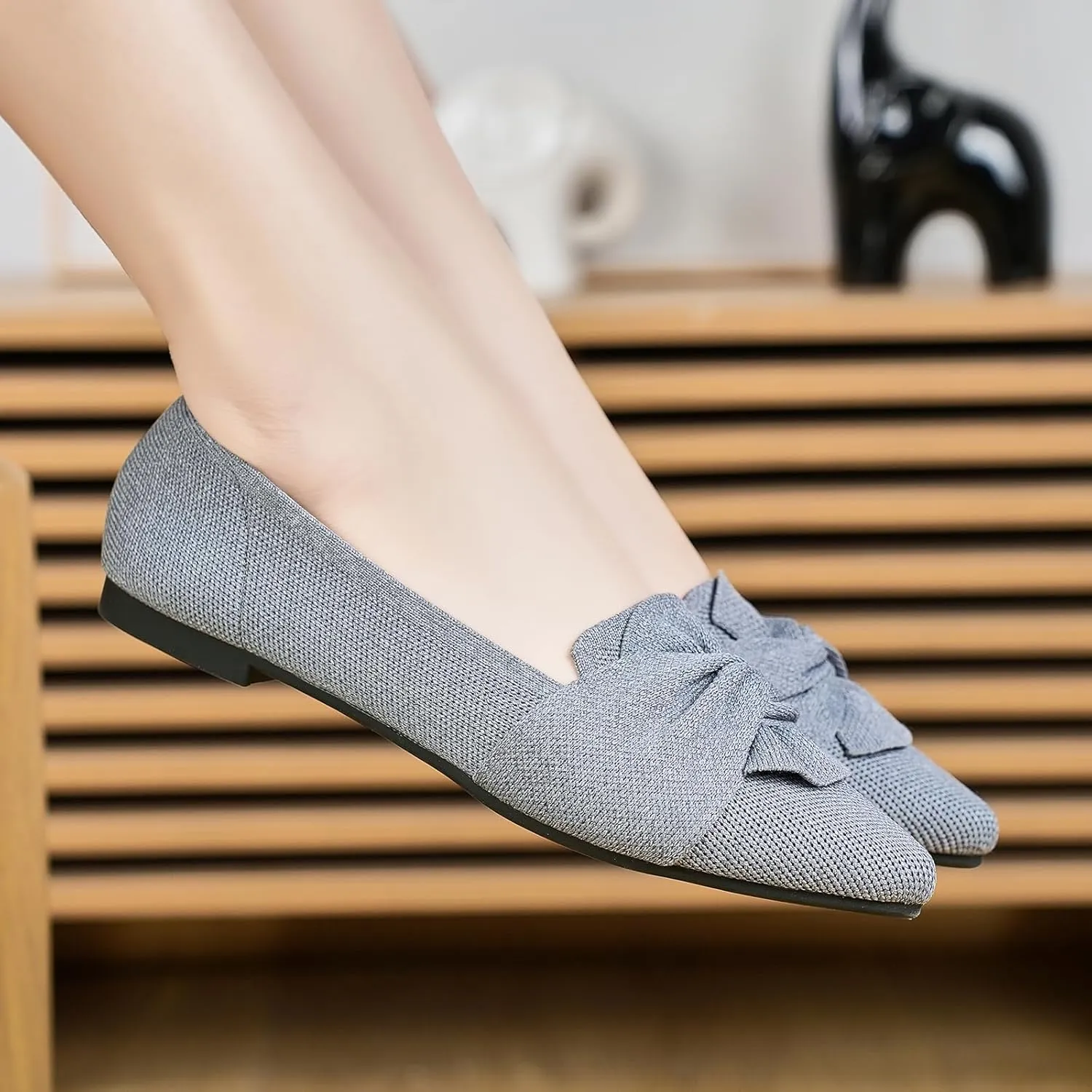 Flats for Womens Pointed Toe Ballet Flats with Bow Comfortable Knit Dressy Flats