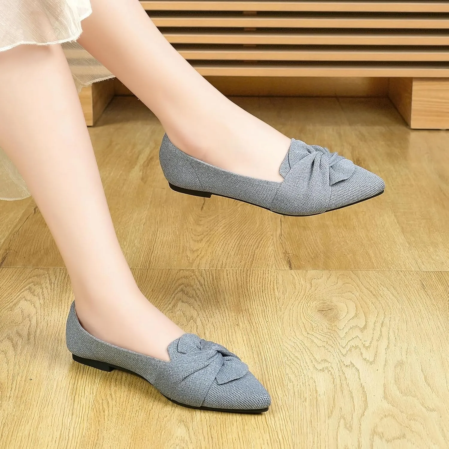 Flats for Womens Pointed Toe Ballet Flats with Bow Comfortable Knit Dressy Flats