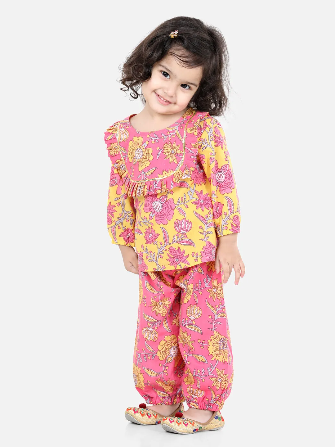 Girls Pure Cotton Printed Top Harem pant Indo Western Clothing Set -Yellow
