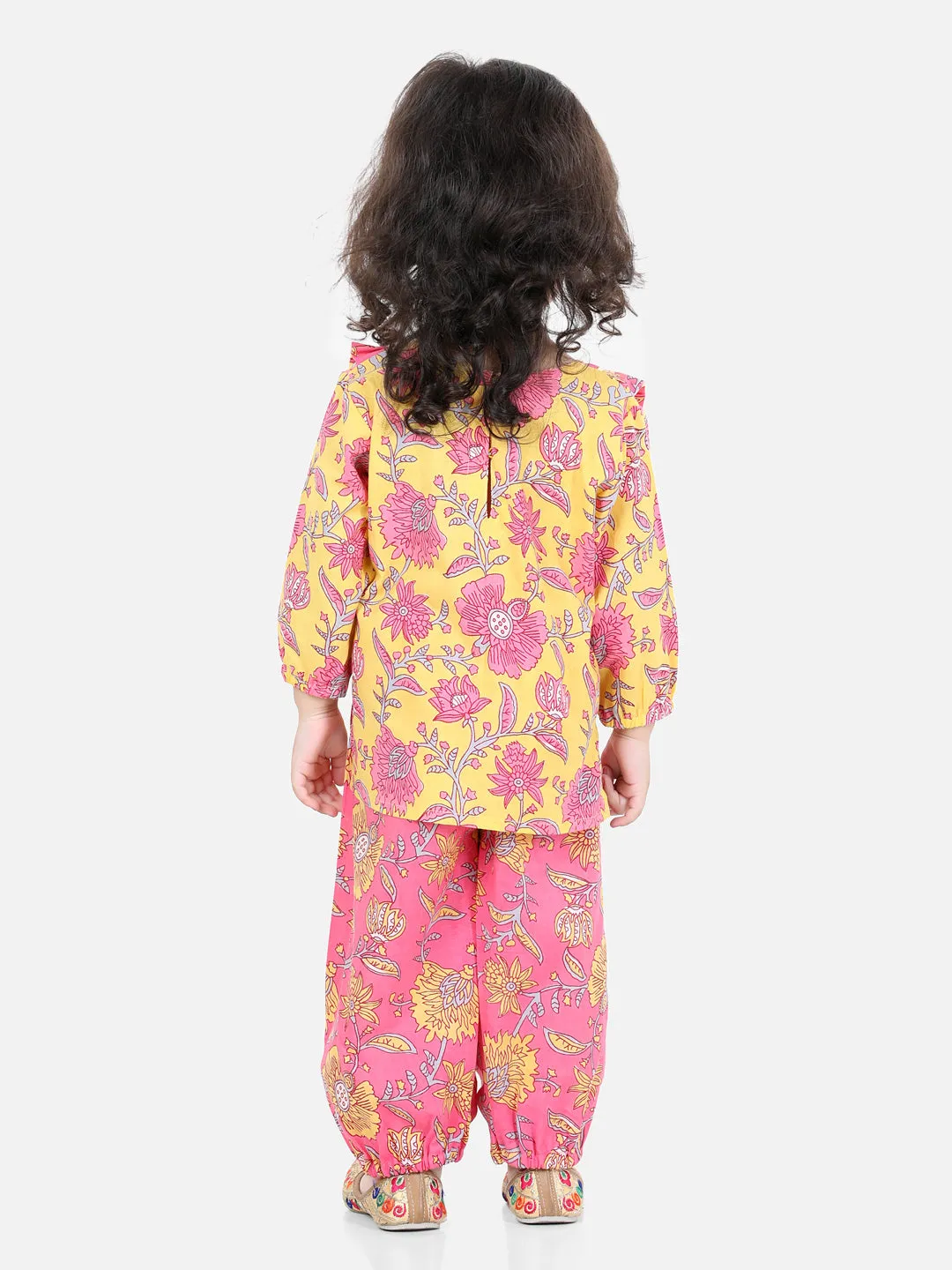 Girls Pure Cotton Printed Top Harem pant Indo Western Clothing Set -Yellow