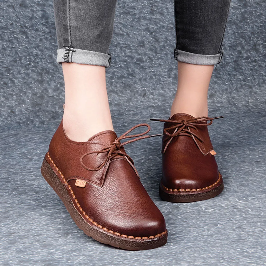 Handmade Flat Lace-up Women Retro Shoes 35-43