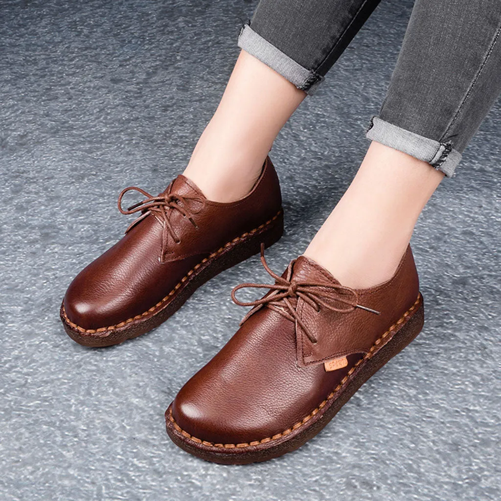Handmade Flat Lace-up Women Retro Shoes 35-43