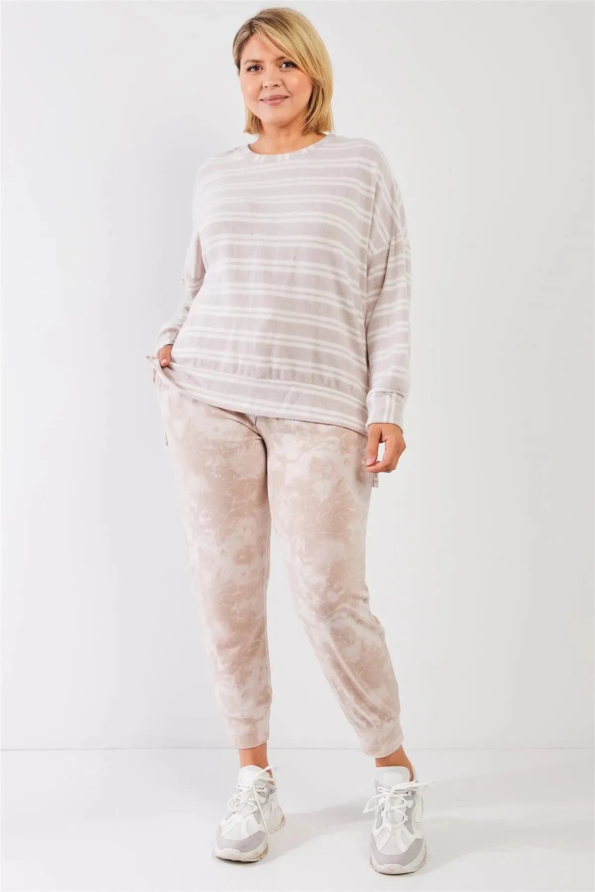 Junior Plus Taupe Tie-Dye Bleached Effect High Waist Comfy Jogger Pants /2-1-1