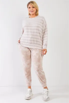 Junior Plus Taupe Tie-Dye Bleached Effect High Waist Comfy Jogger Pants /2-1-1