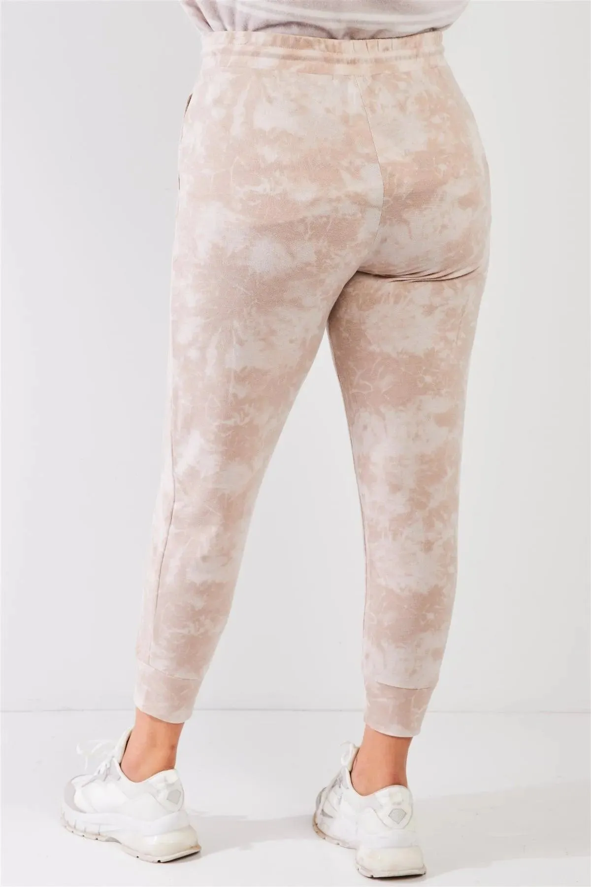 Junior Plus Taupe Tie-Dye Bleached Effect High Waist Comfy Jogger Pants /2-1-1