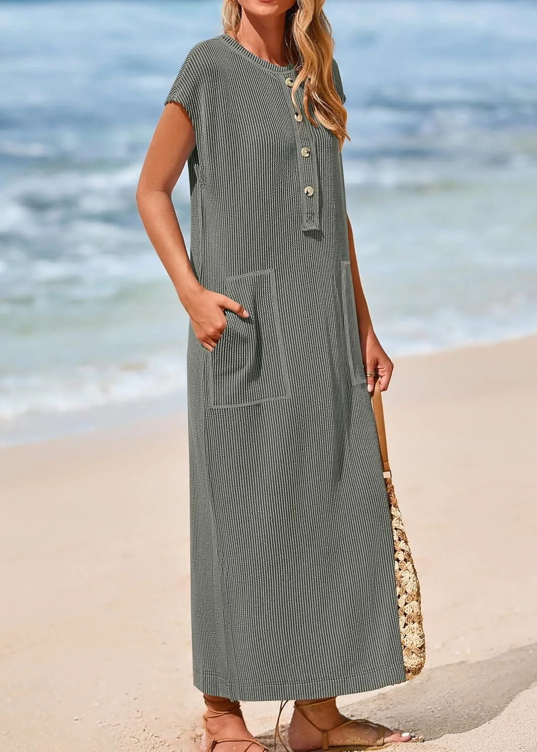 KIRUNDO Womens Summer Dresses Ribbed Knit Henley Short Sleeve Maxi Dress Button Up Loose Slit Beach Vacation Sundress