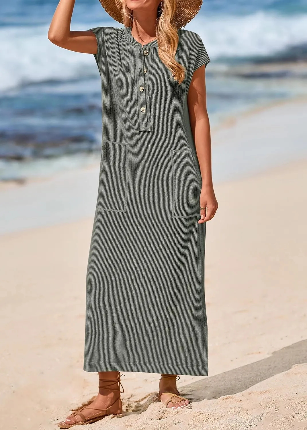 KIRUNDO Womens Summer Dresses Ribbed Knit Henley Short Sleeve Maxi Dress Button Up Loose Slit Beach Vacation Sundress