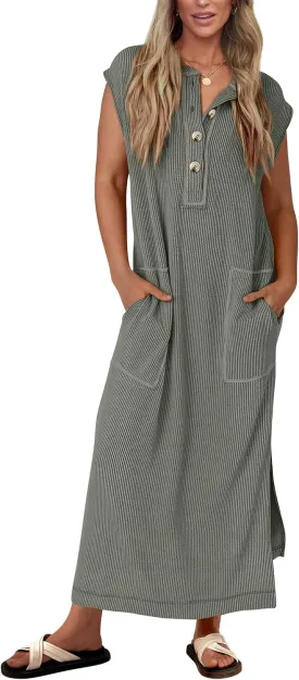 KIRUNDO Womens Summer Dresses Ribbed Knit Henley Short Sleeve Maxi Dress Button Up Loose Slit Beach Vacation Sundress