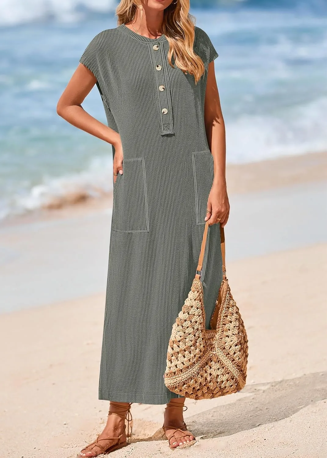 KIRUNDO Womens Summer Dresses Ribbed Knit Henley Short Sleeve Maxi Dress Button Up Loose Slit Beach Vacation Sundress