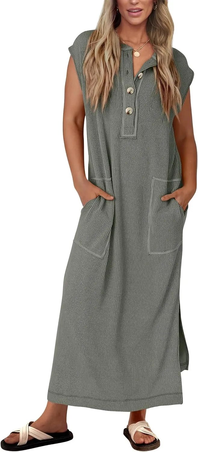 KIRUNDO Womens Summer Dresses Ribbed Knit Henley Short Sleeve Maxi Dress Button Up Loose Slit Beach Vacation Sundress