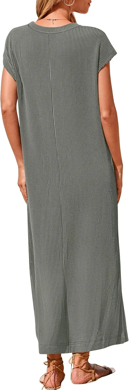 KIRUNDO Womens Summer Dresses Ribbed Knit Henley Short Sleeve Maxi Dress Button Up Loose Slit Beach Vacation Sundress