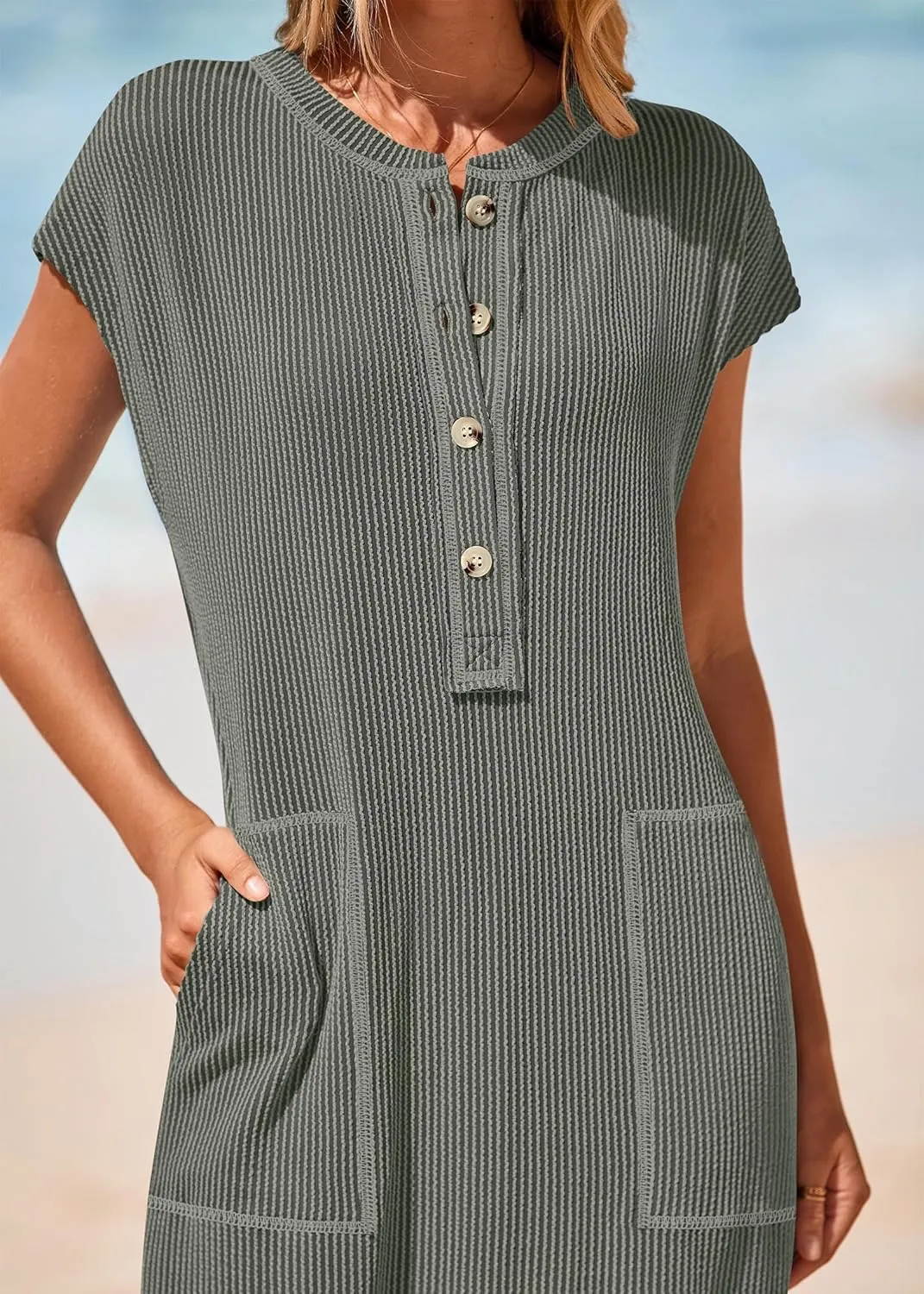 KIRUNDO Womens Summer Dresses Ribbed Knit Henley Short Sleeve Maxi Dress Button Up Loose Slit Beach Vacation Sundress