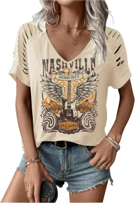 LANMERTREE Cut Out V Neck T Shirts Nashville Outfits for Women Casual Loose Shirt Country Music Graphic Tee Shirts