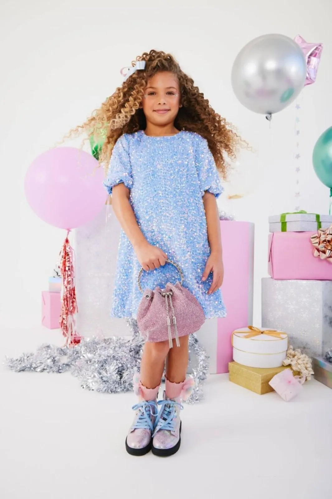 Lola and The Boys Blue Snow Angel Sequin Shimmer Dress