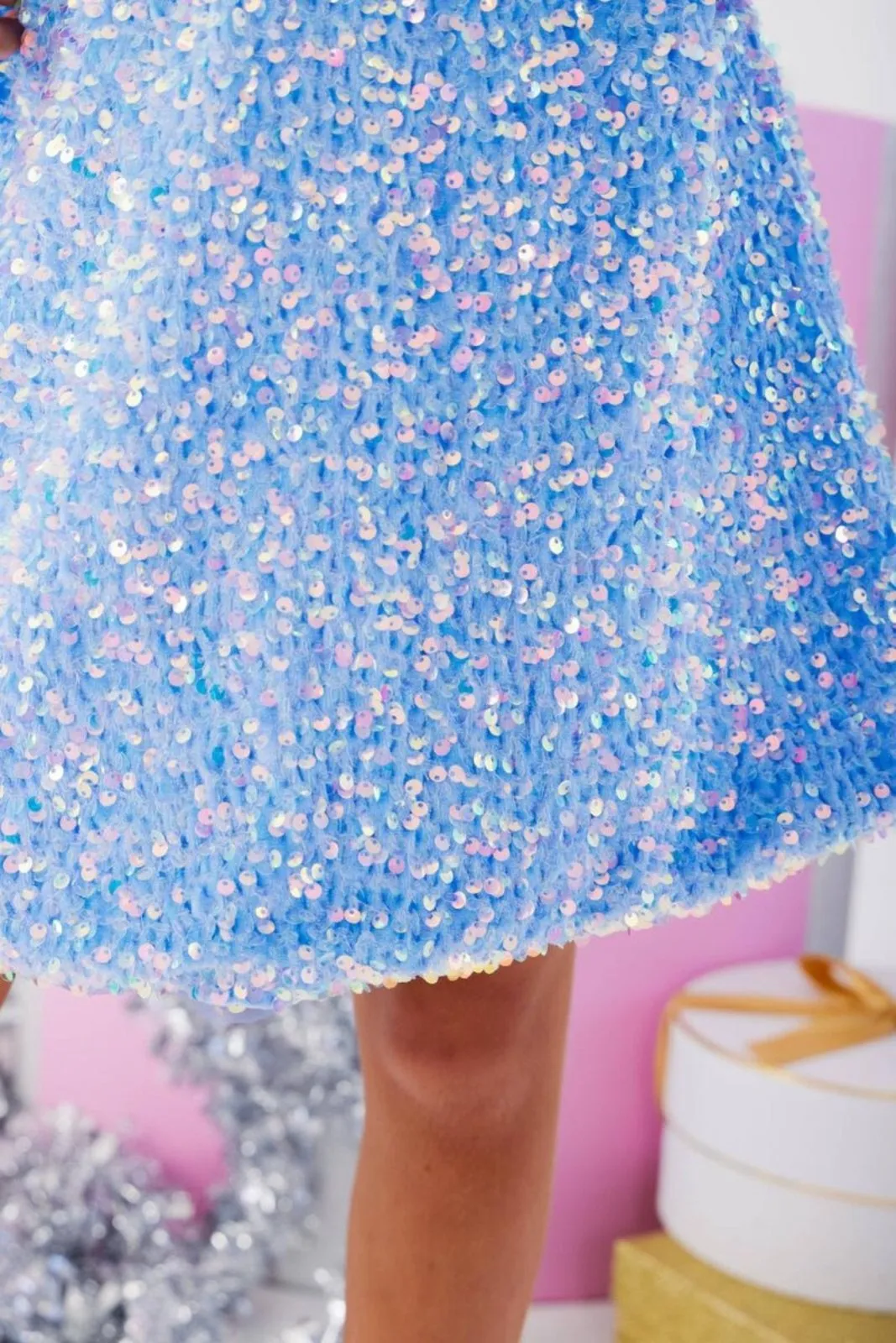 Lola and The Boys Blue Snow Angel Sequin Shimmer Dress