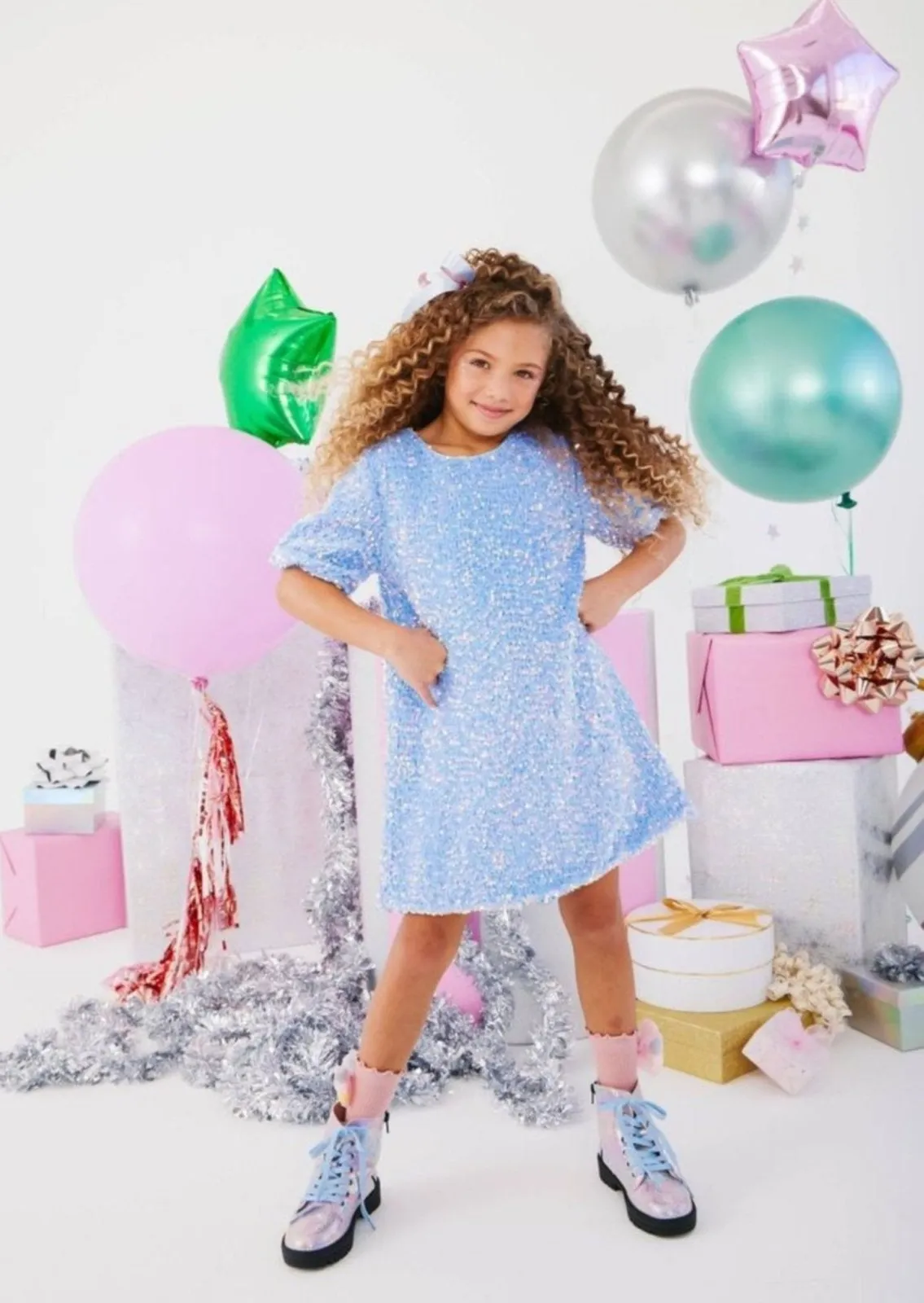 Lola and The Boys Blue Snow Angel Sequin Shimmer Dress