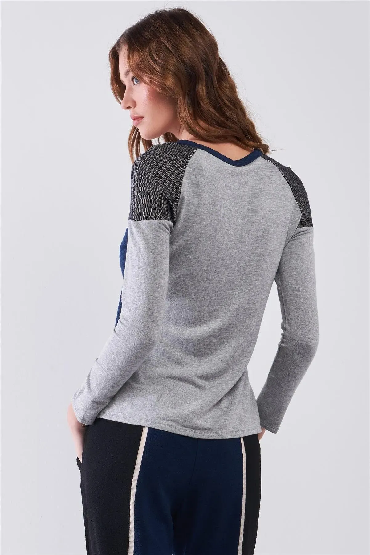 Navy & Grey Colorblock Round Neck Quilted Long Sleeve Sweatshirt  /2-2-1-1