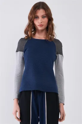 Navy & Grey Colorblock Round Neck Quilted Long Sleeve Sweatshirt  /2-2-1-1