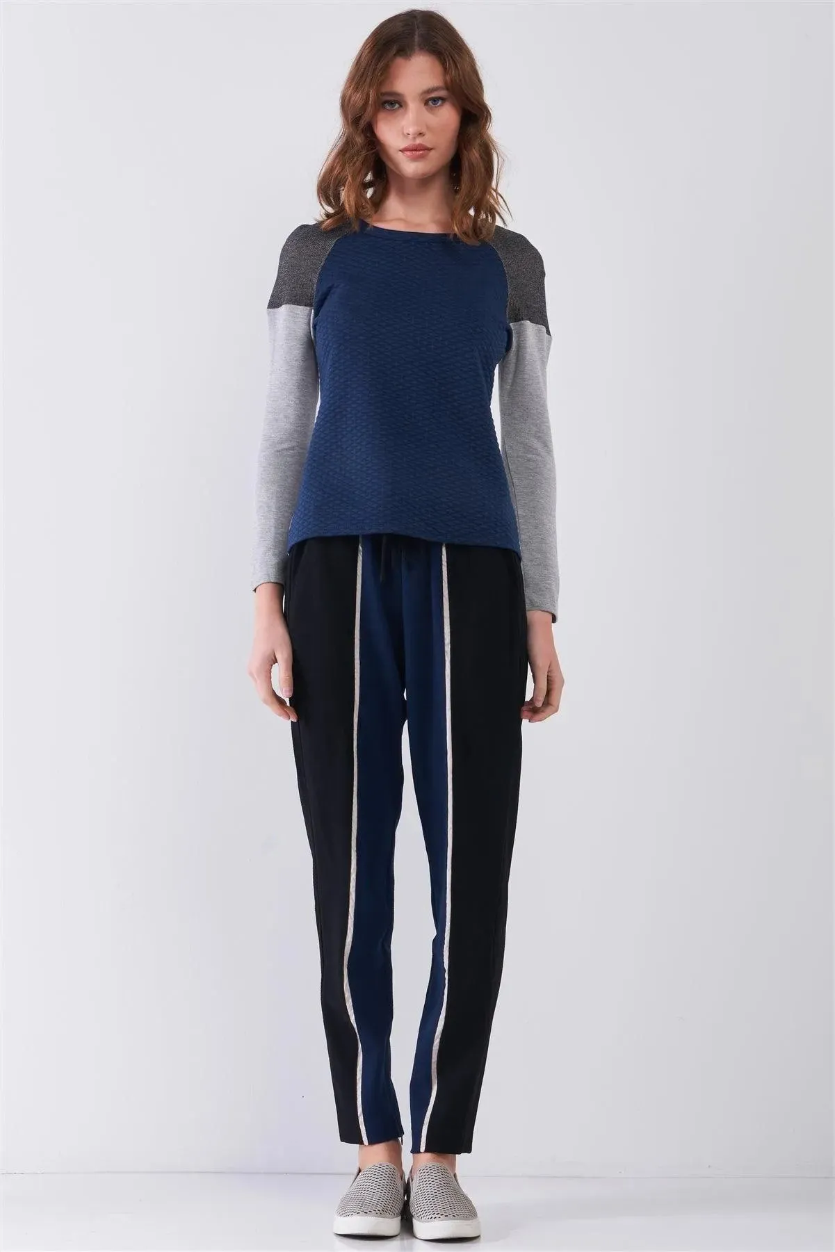 Navy & Grey Colorblock Round Neck Quilted Long Sleeve Sweatshirt  /2-2-1-1