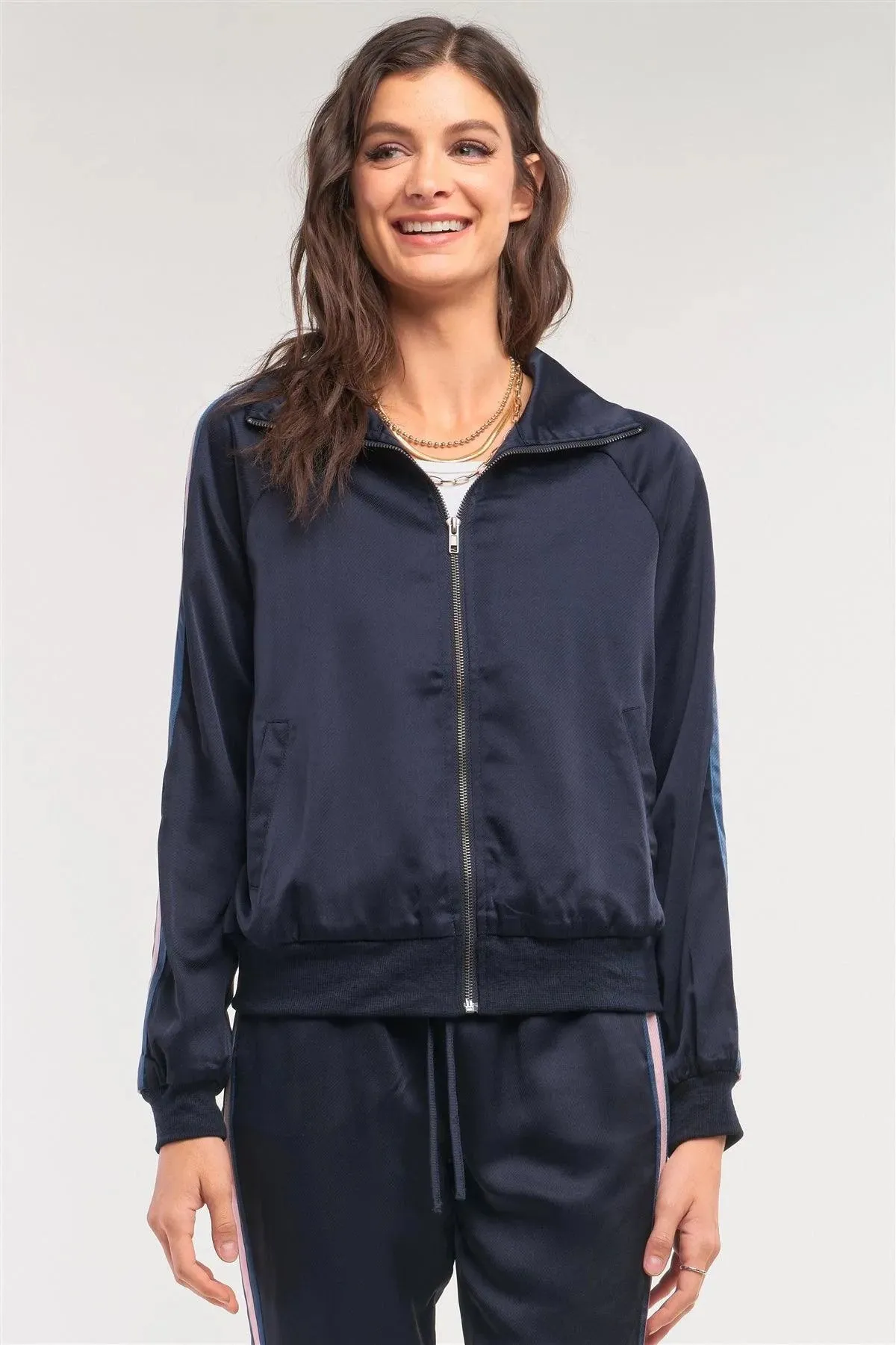 Navy Multicolor Stripe Detail Zip-Up Front Sports Jacket /1-2-3
