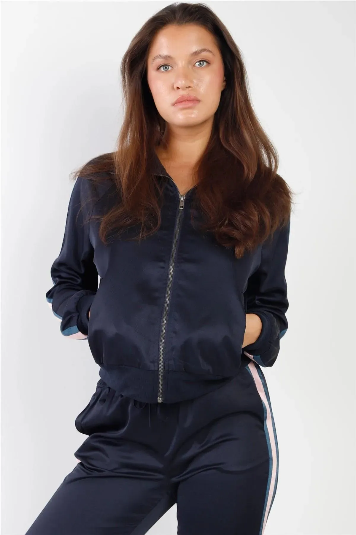 Navy Multicolor Stripe Detail Zip-Up Front Sports Jacket /1-2-3