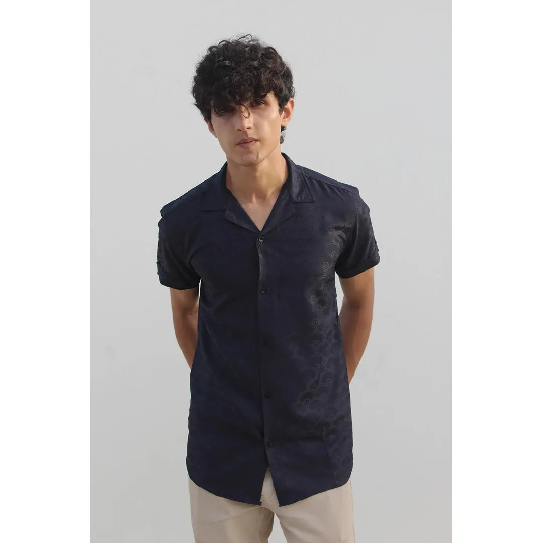 Navy Textured Cuban Shirt