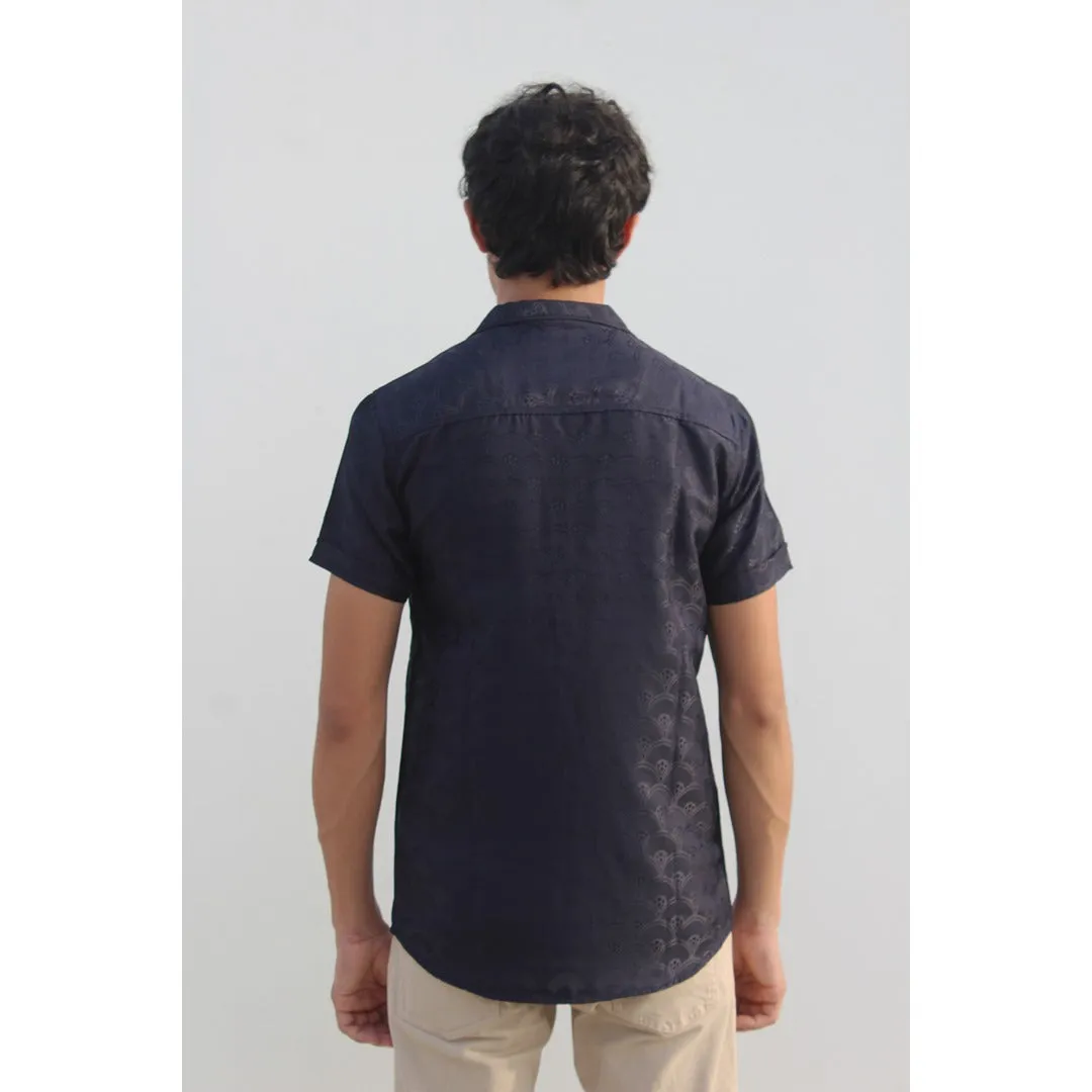 Navy Textured Cuban Shirt
