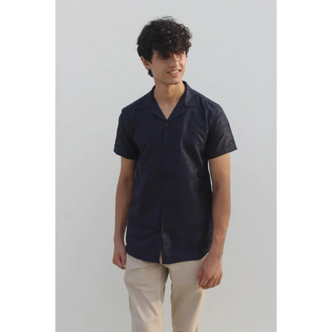 Navy Textured Cuban Shirt