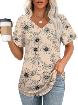 OFEEFAN Womens T Shirts V Neck Short Sleeve Casual Tops Loose Fit Basic Tees with Curved Hem